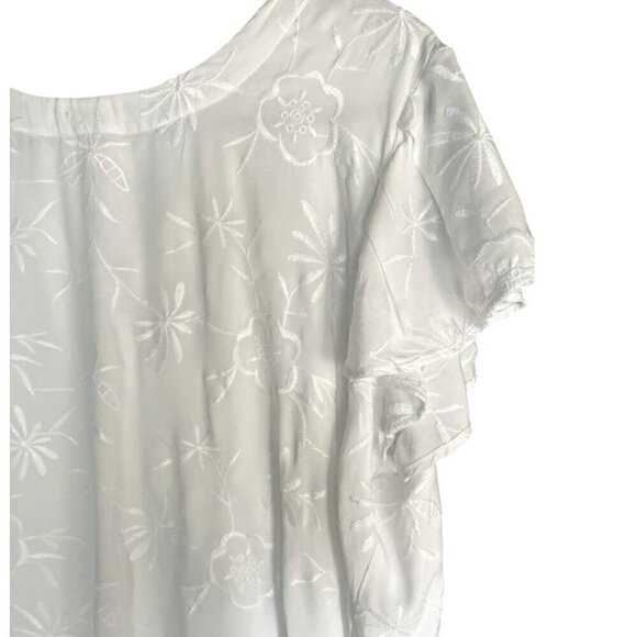 Loft White Round Neck Floral Embroidered Short Sleeve Top with Tie Back Size XL - Picture 7 of 10